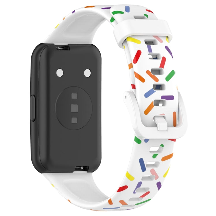White rainbow dot silicone watch band shown from side with secure pin clasp