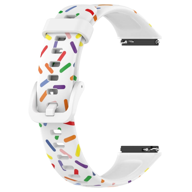 White silicone watch band with colorful rainbow dot print and pin-and-prong clasp