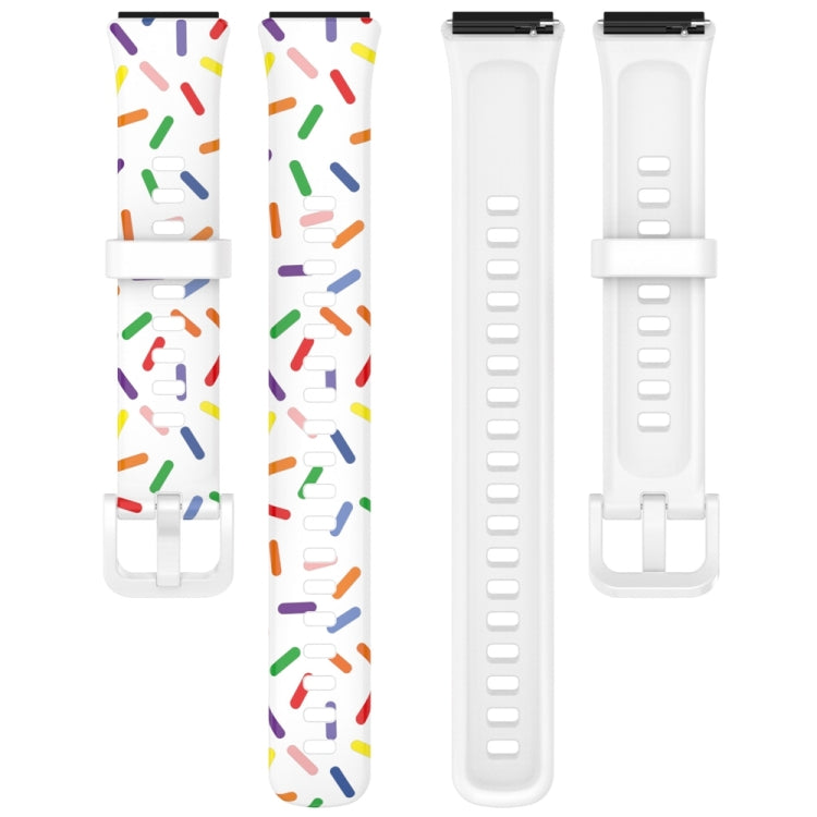Rainbow dot silicone watch band pair with matching white silicone bands and clasp ends