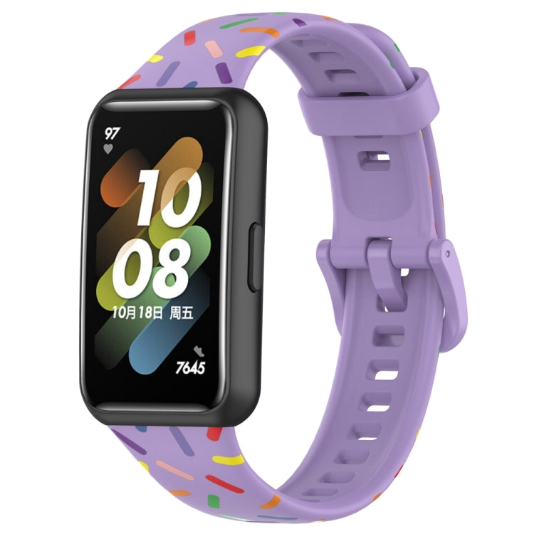 Silicone watch band for Huawei Band 7 with purple strap and rainbow dot pattern