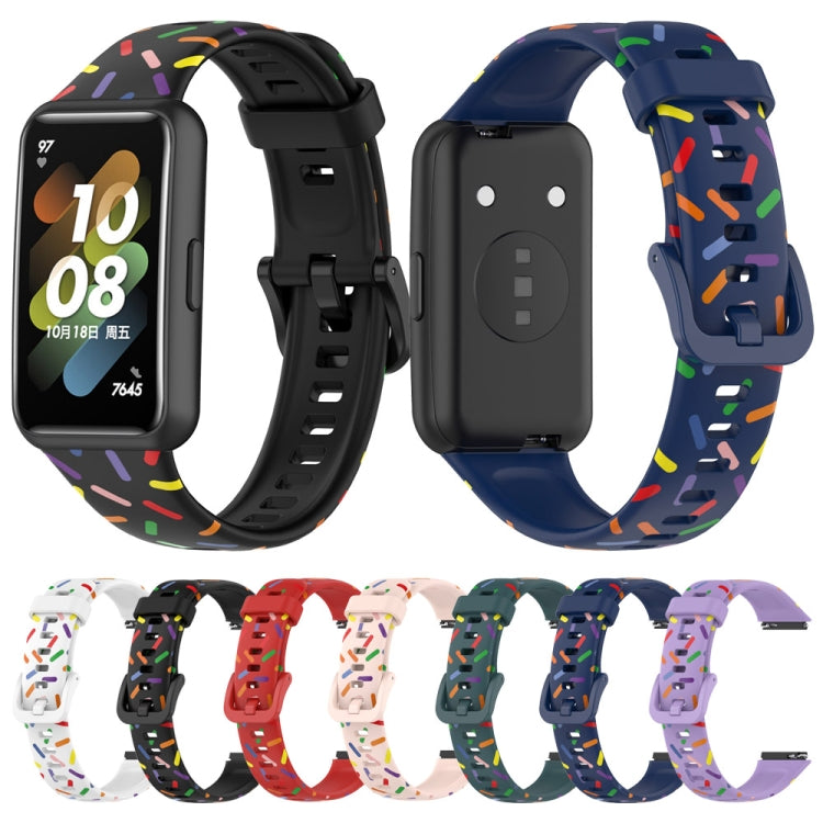 Silicone watch bands for Huawei Band 7 in black and blue with rainbow dot confetti