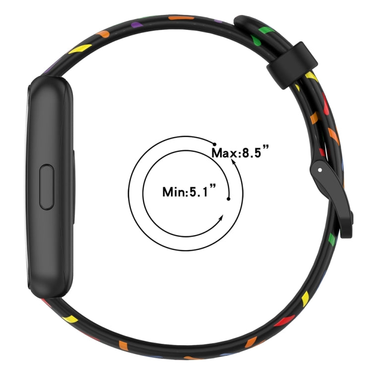 Black silicone watch band for Huawei Band 7 with rainbow dot pattern, sizing 5.1–8.5in