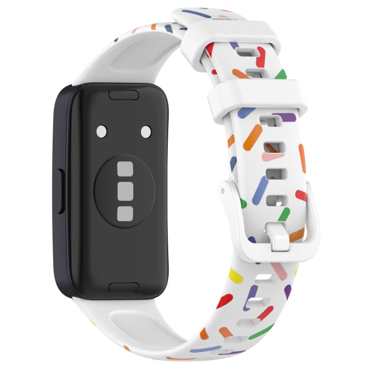 Silicone sports watch band with rainbow dots, white strap and black watch body
