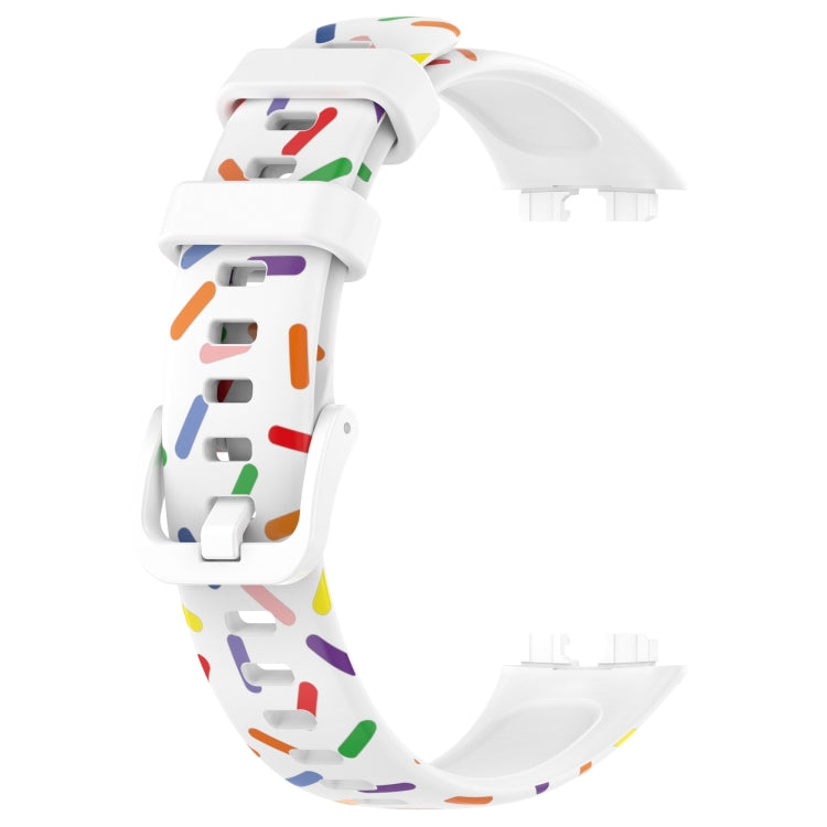 Silicone sports watch band with colorful confetti dots, white strap with adjustment holes