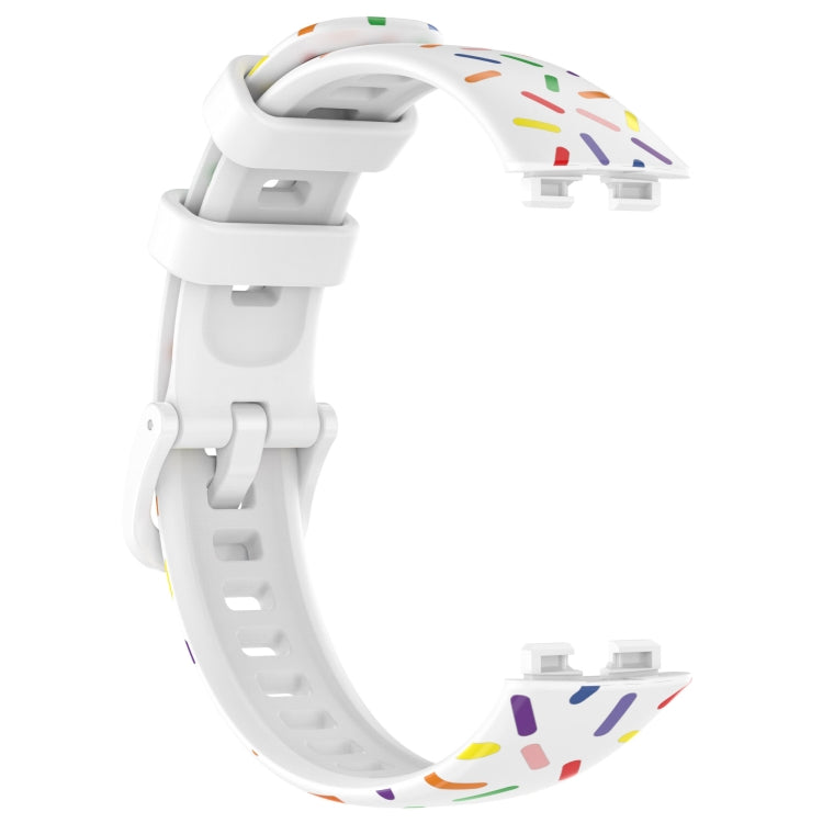 Silicone sports watch band with rainbow dots, white strap with metal clasp and buckle
