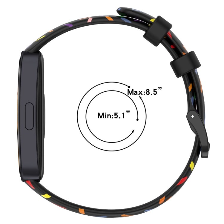 Black silicone watch band with rainbow dots, size range Min 5.1–Max 8.5 in