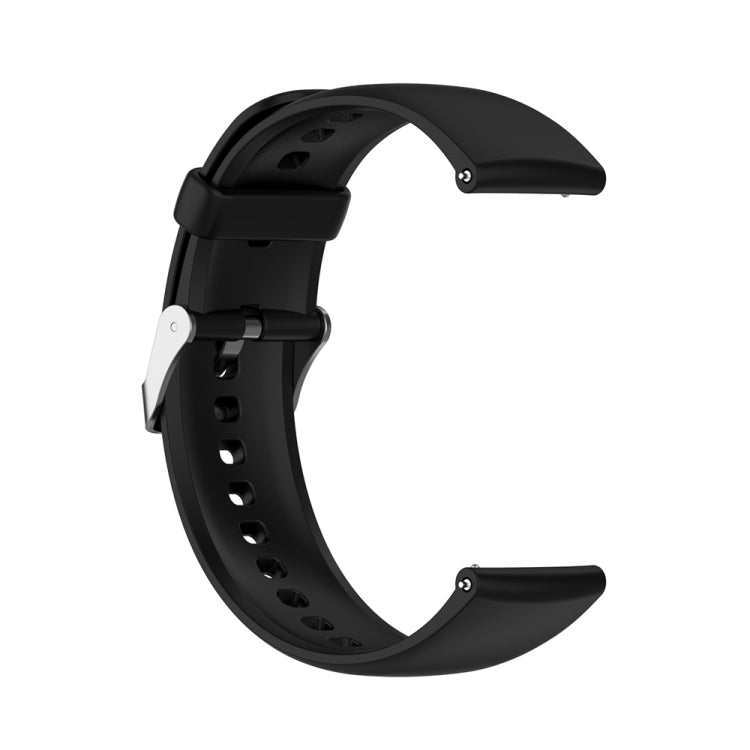 Black silicone smartwatch band with silver buckle and vented strap holes
