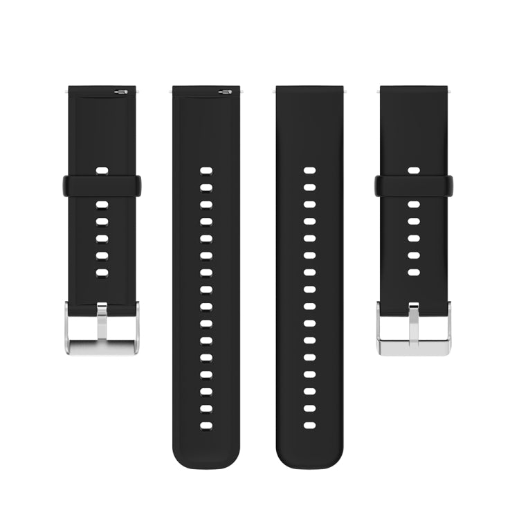 Four-pack view of black silicone watch bands with stainless steel silver buckles