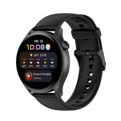 Black silicone watch band with stainless buckle, perforated strap and pin holes