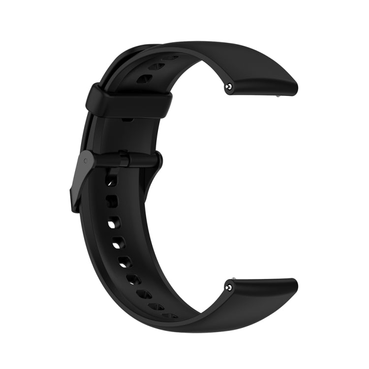 Black silicone watch band with stainless buckle, side profile with strap holes