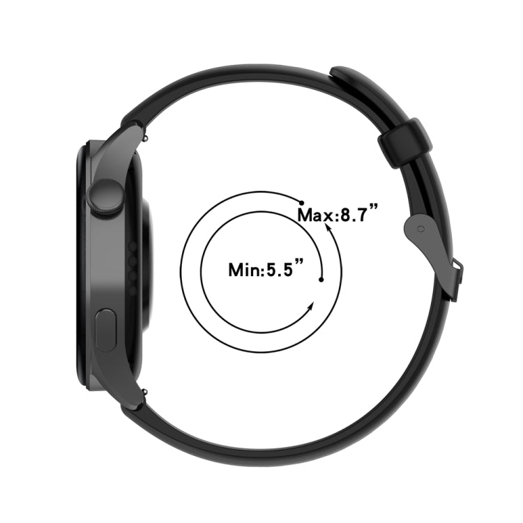 Black silicone watch band with stainless steel buckle and size range measurement