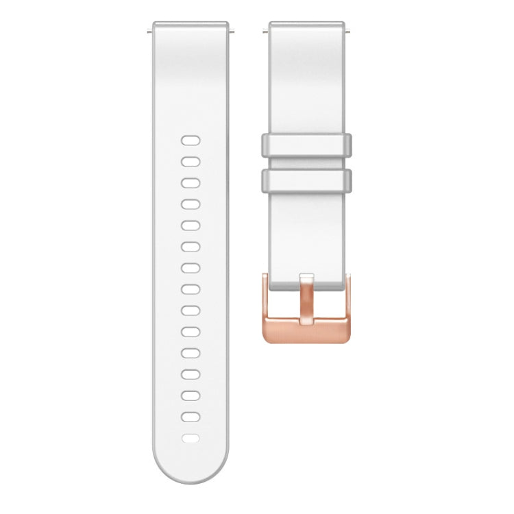 White silicone watch band with rose gold buckle underside view