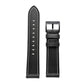 Black leather watch band straps with metal buckle and rows of stitched holes