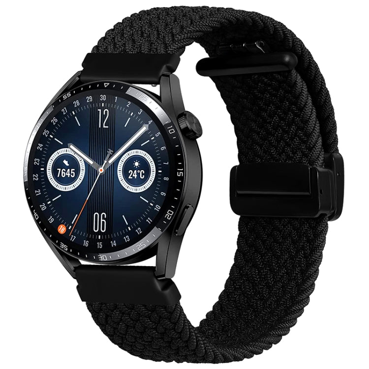 Black woven watch band with magnetic fold clasp and black connector tab