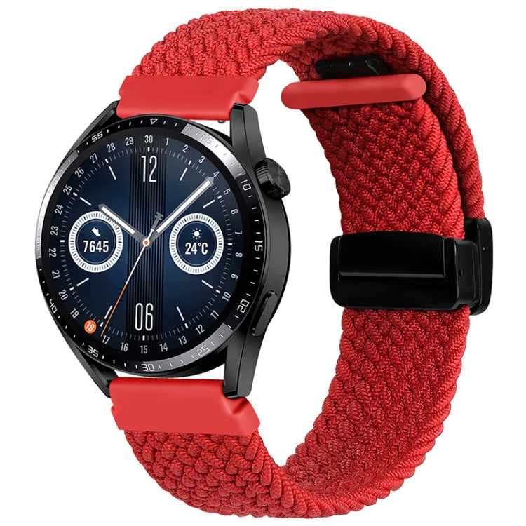 Red woven watch band with magnetic fold clasp and black connector tab
