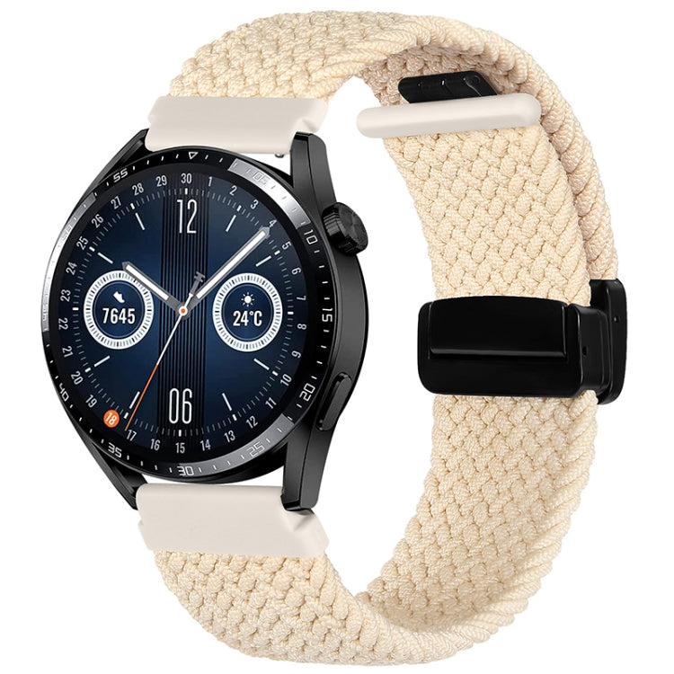 Cream woven watch band with black magnetic fold clasp, strap end looped