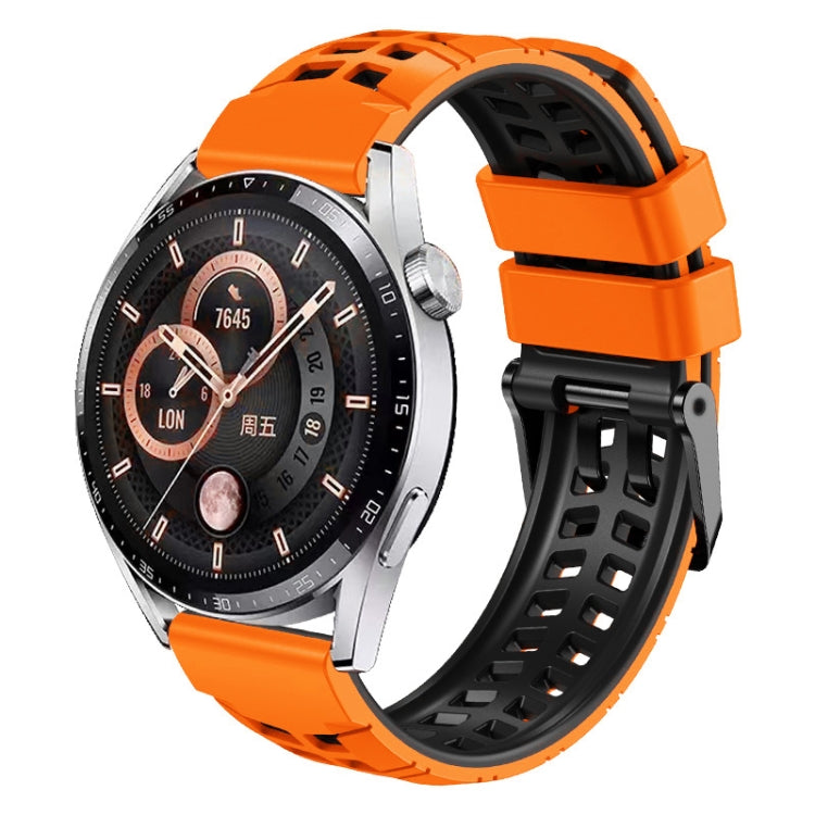 Two-color orange/black silicone watch band with double-row holes and buckle clasp