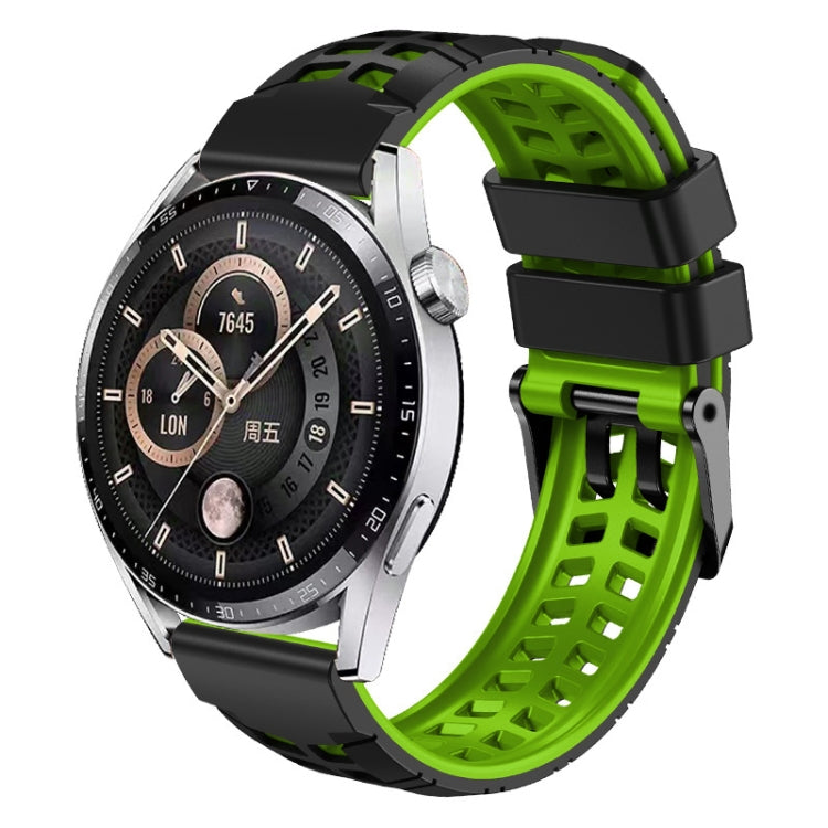 Two-color black/green silicone watch band with double-row holes and buckle clasp