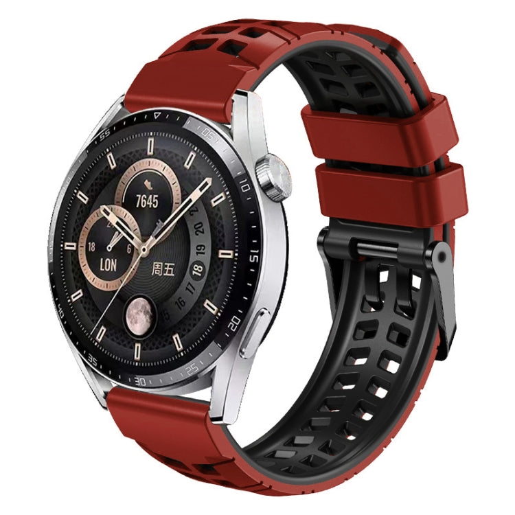 Two-color red/black silicone watch band with double-row holes and buckle clasp