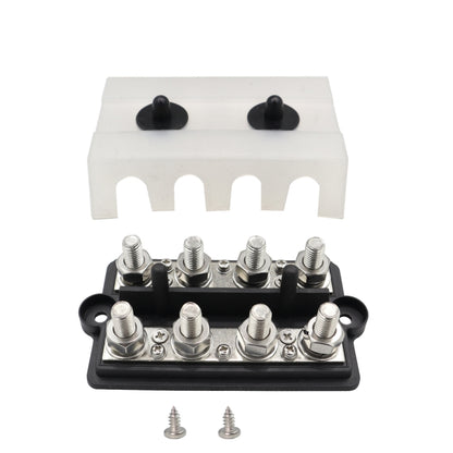 RV double-row busbar with dust cover, black base, eight stud terminals and black end caps