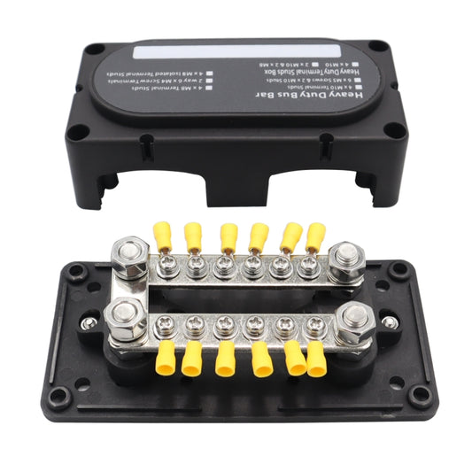 Black double-row 12-way terminal busbar with yellow insulated screw terminals
