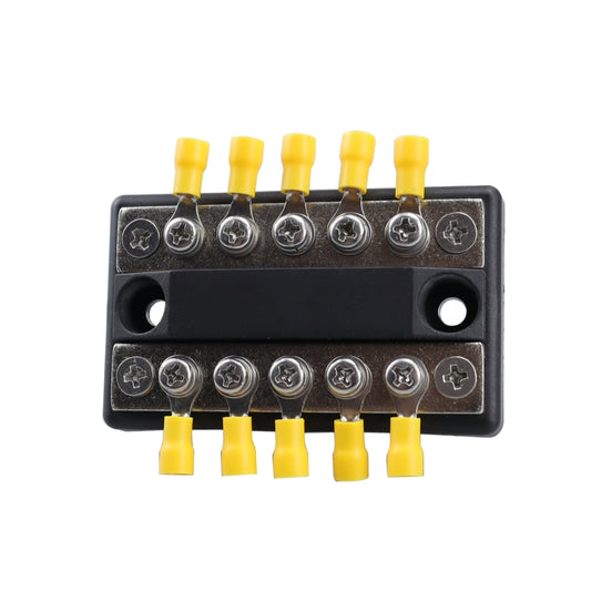 Black 5-way busbar terminal block with top screw terminals and yellow ring leads