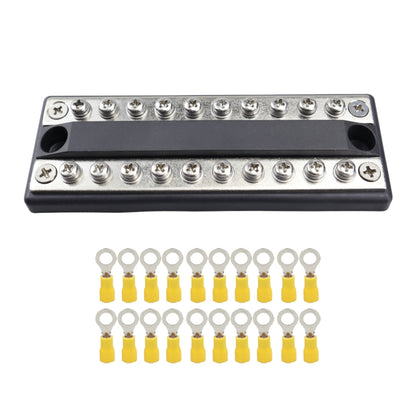 10-way double-row busbar terminal block with silver screws and yellow ring terminals