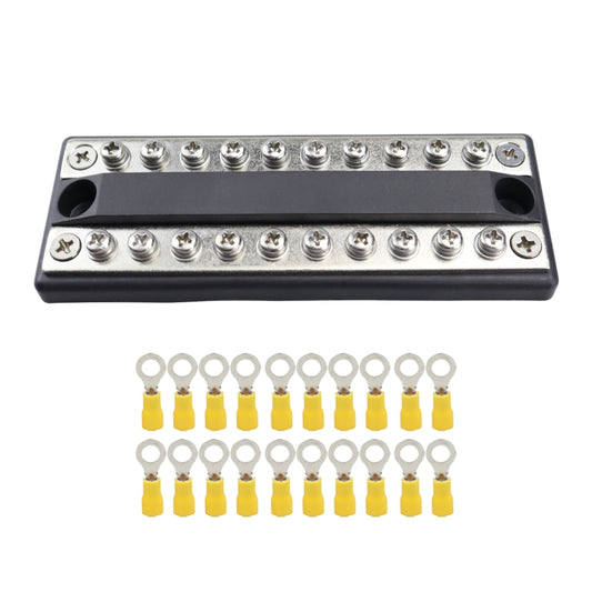 10-way double-row busbar terminal block with silver screws and yellow ring terminals