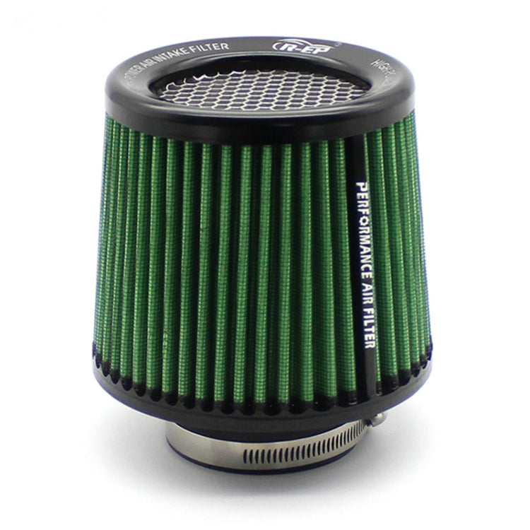 Green cone air intake filter with black housing and top mesh screen, front view