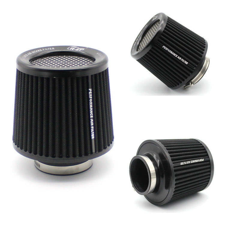 Black cone air intake filter with black ribbed walls, mesh top and side inlet