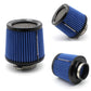 Blue cone air intake filter with black base, ribbed sides and mesh top