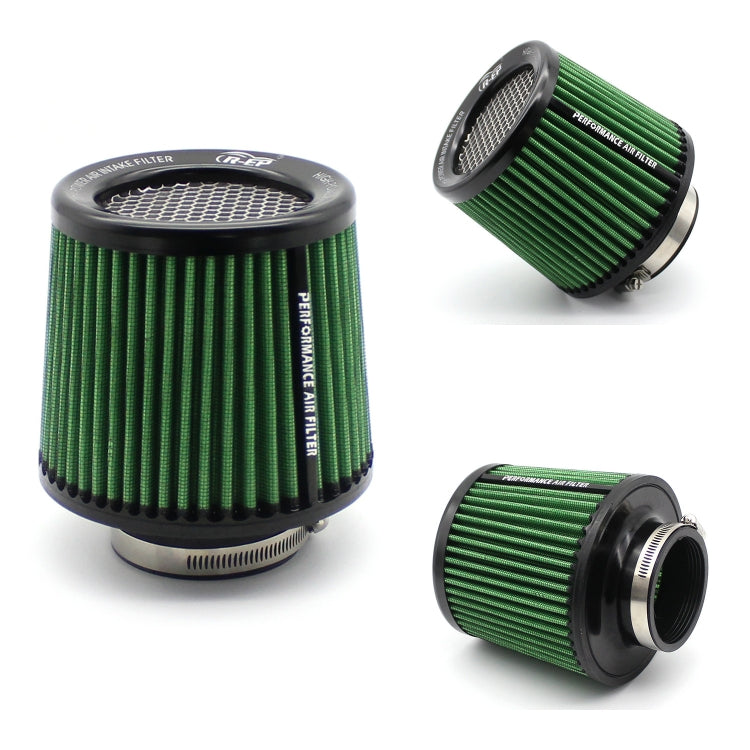 Green cone air intake filter with black base and mesh top, angled inlet view