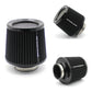 Black cone air intake filter with ribbed walls, mesh top and side inlet