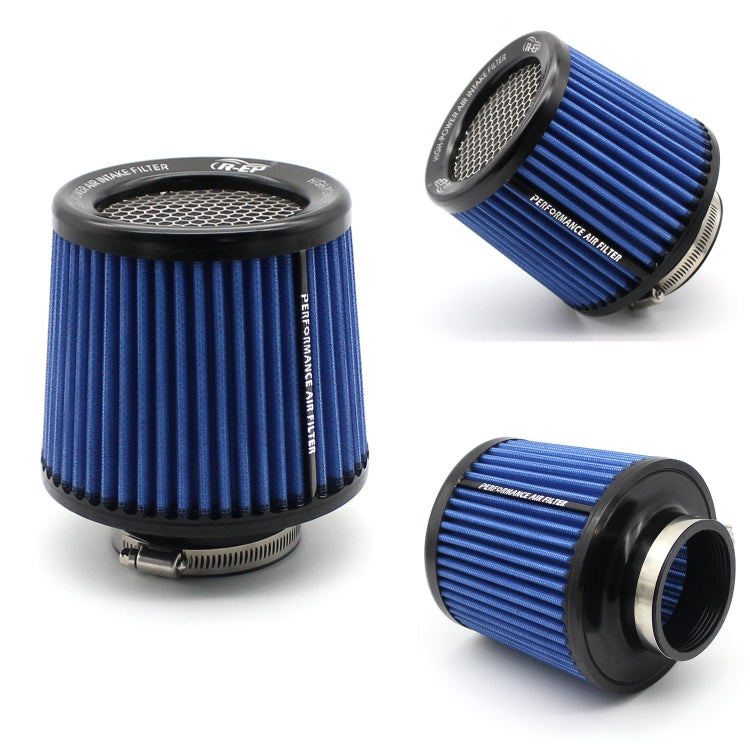 Blue cone air intake filter with black base, ribbed filter element and mesh top