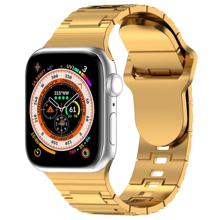 Square buckle armor watch band with gold plating and chunky link design