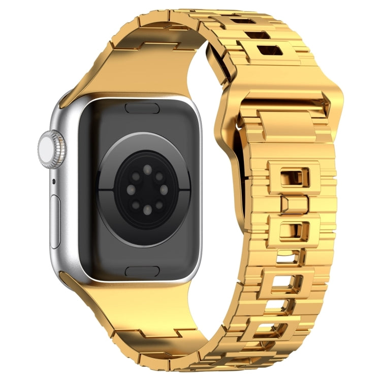 Square buckle armor watch band with gold plated clasp and rugged links