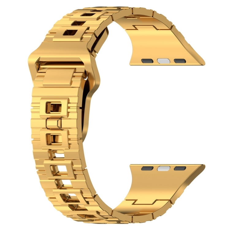 Square buckle armor watch band in gold with rectangular link pattern
