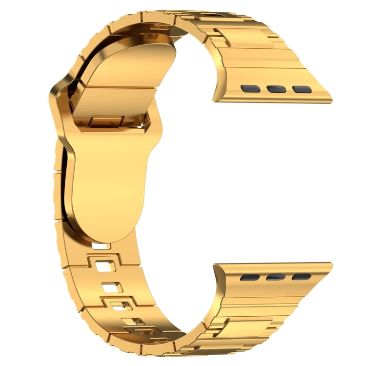 Square buckle armor watch band with gold plated center link and clasp