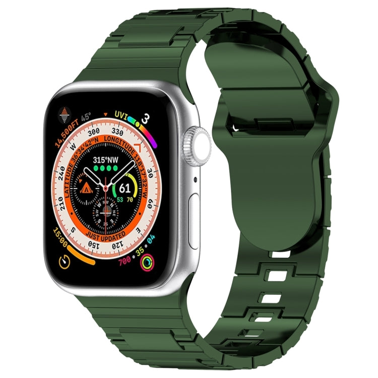 Square buckle armor watch band with dark green silicone links