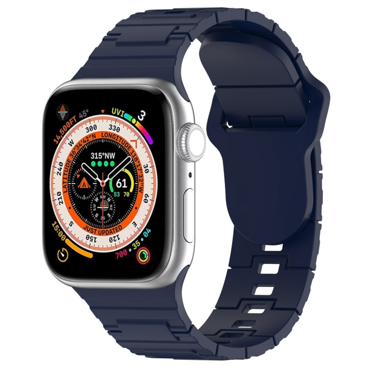 Silicone watch band with square buckle, dark blue armor-style link design
