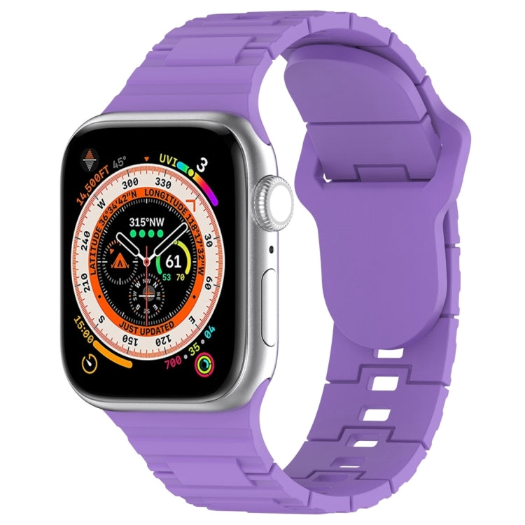 Silicone watch band with square buckle, purple armor-style link design