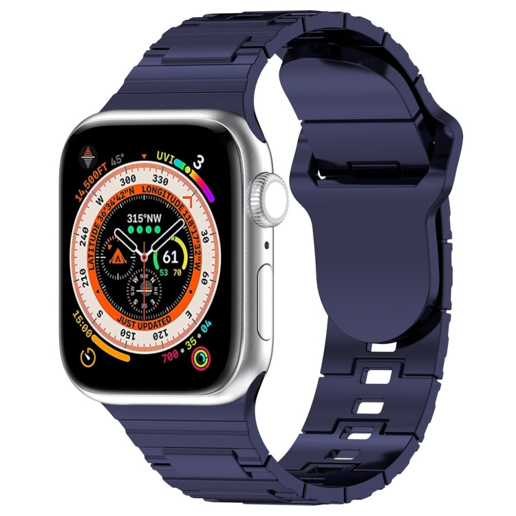 Silicone watch band with square buckle, navy blue armor-style link design