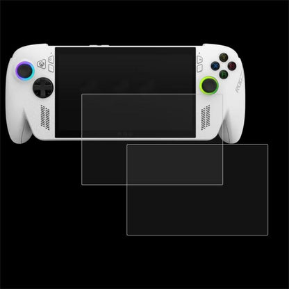 Tempered glass screen protector film set for handheld gaming device, clear coverage