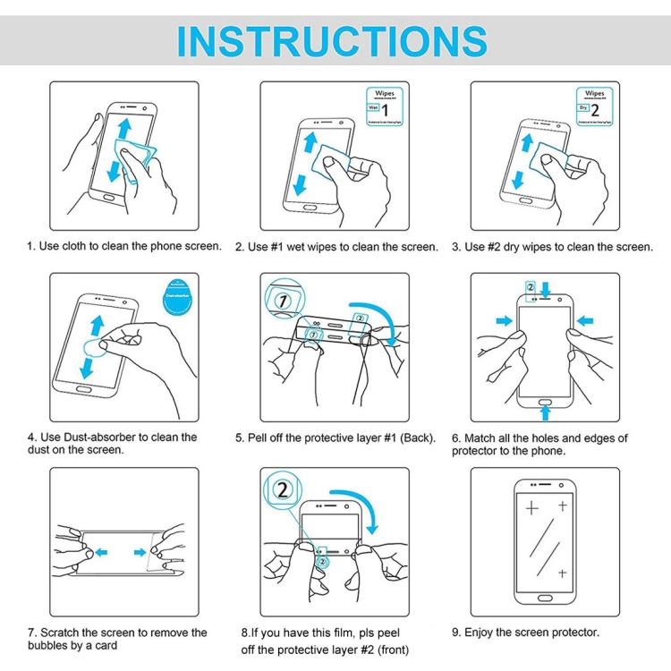 Screen protector installation guide with wet and dry cleaning wipes and steps