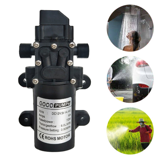 DC12V self-priming diaphragm water pump with dual outlet threads, black body
