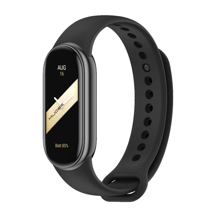 Black silicone smartwatch band with black fitness tracker face and vented strap holes