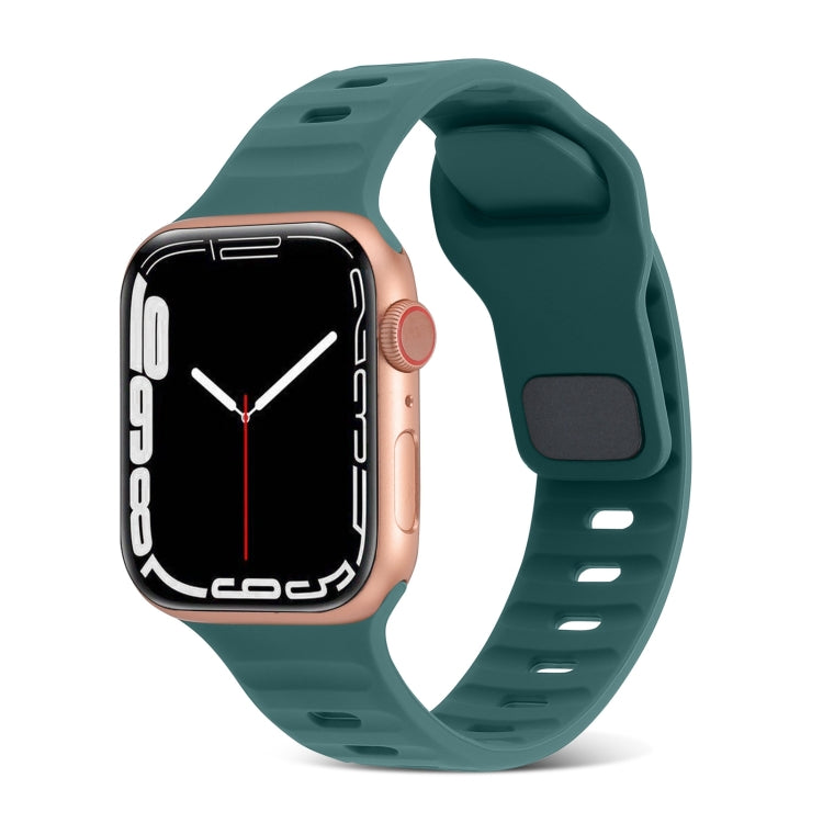 Dark green silicone watch band with square buckle and striped vent holes