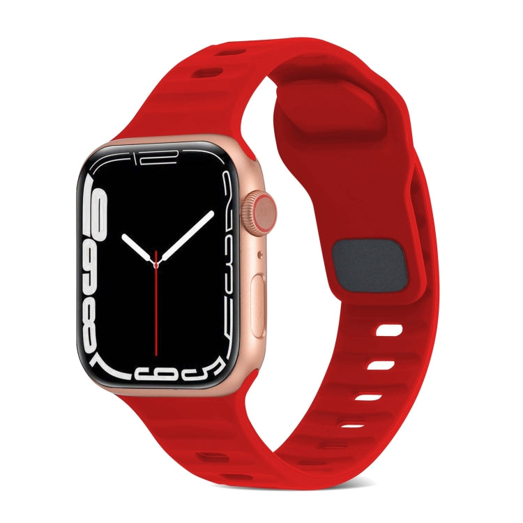 Red silicone watch band with square buckle and striped vent holes