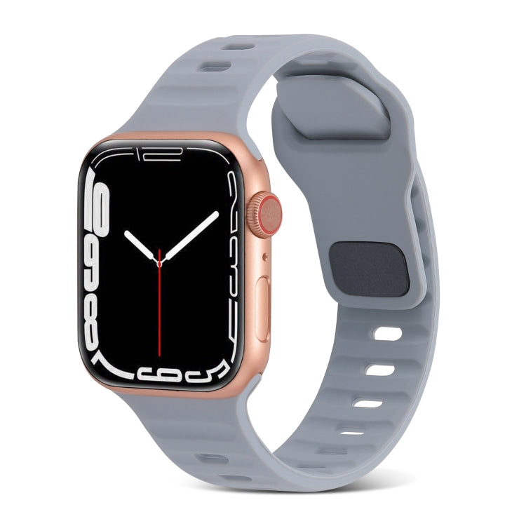 Silicone watch band with square buckle, striped pattern, light gray color.