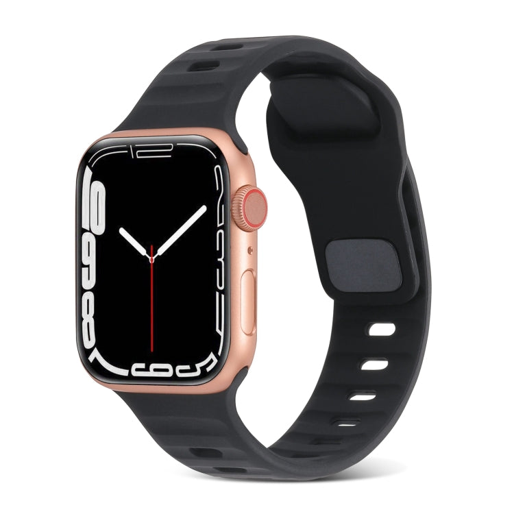 Black silicone watch band with square buckle and striped texture